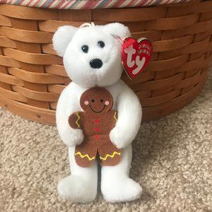 Ty Jingle Beanies "Goody" White Christmas Bear w/Gingerbread Man